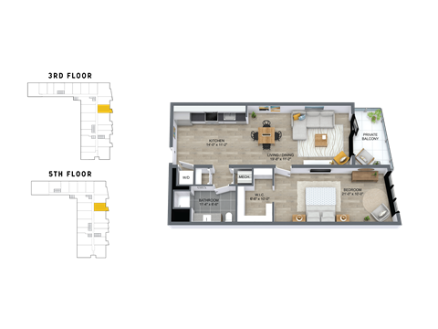 Floor plan for 1 bed, 1 bath, 883 sqft